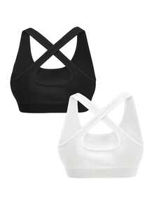 Sujetador deportivo sin costuras de unicolor con espalda cruzada, sujetador deportivo para mujeres - Blanco y Negro - Ver 2