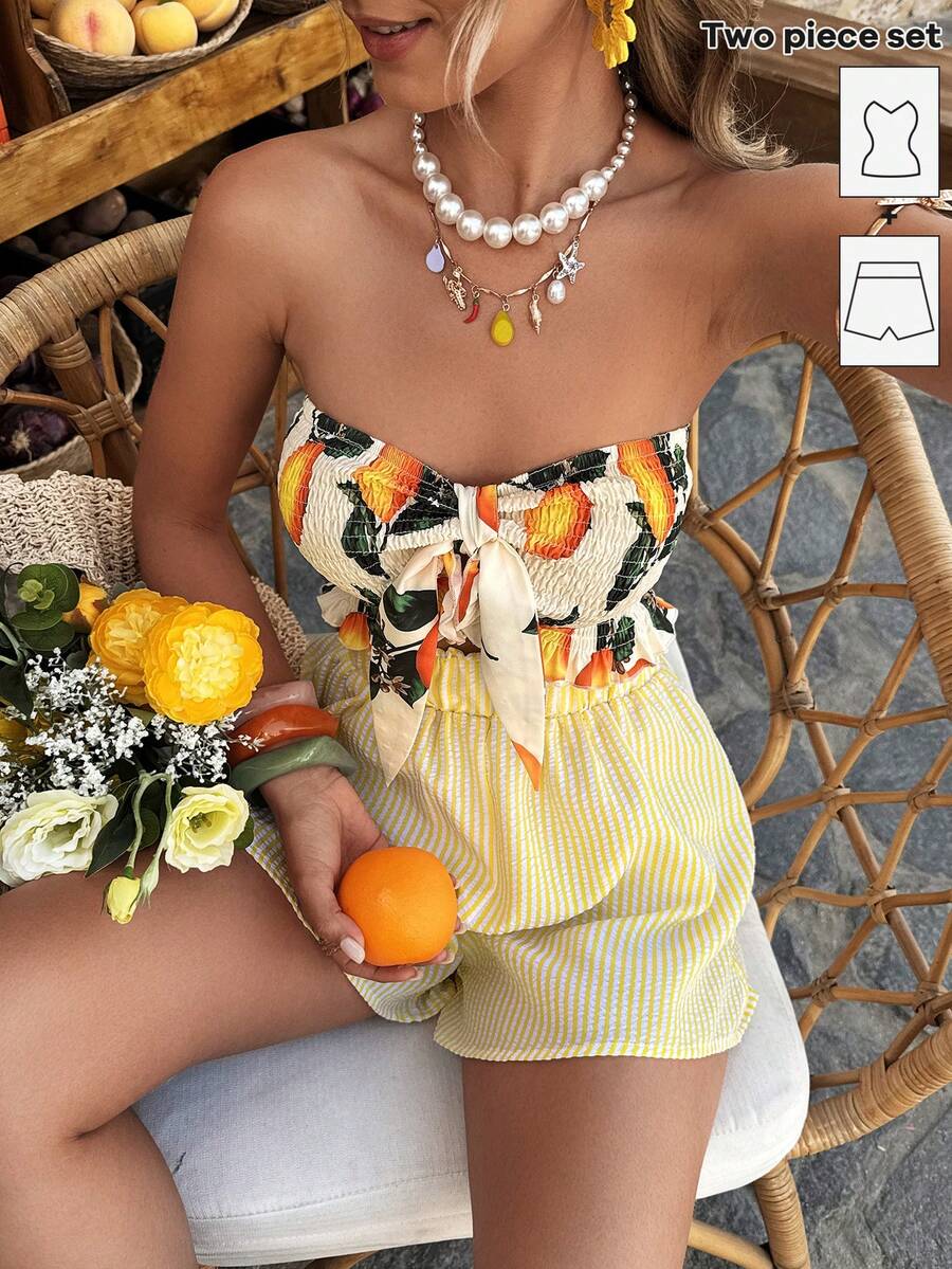 Selianne Conjunto de primavera/verano de mujer con top bandeau con estampado de limón y cordones, shorts a rayas en línea A, estilo resort - Multicolor - Ver 1