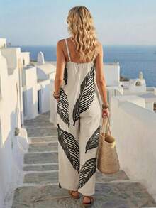 Faunlyn Mono ancho de pierna casual con estampado de hojas y bolsillos para mujer, versátil para vacaciones y viajes de primavera/verano - Multicolor - Ver 4