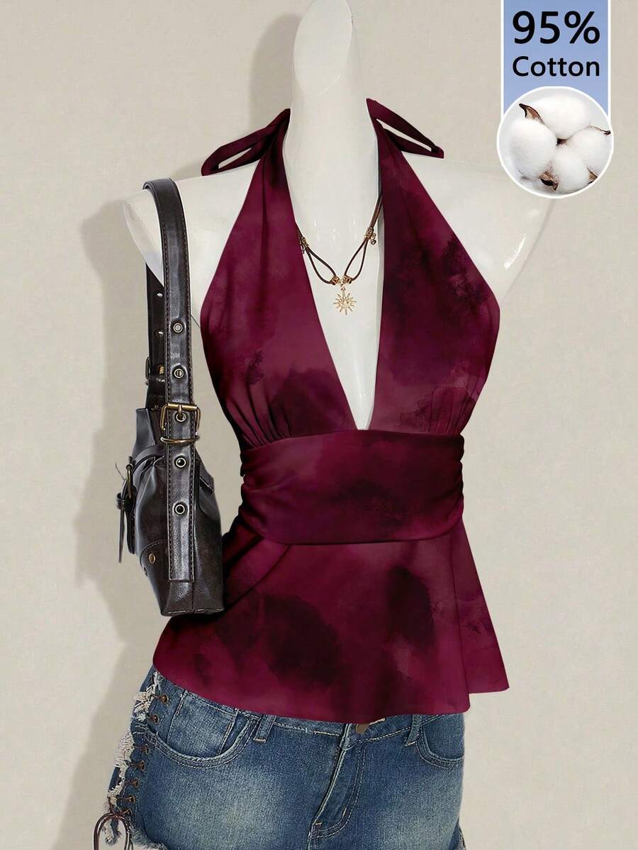 SHEIN ICON 女款 95% 棉質酒紅色掛脖深V領抓皺 A字露背上衣,Y2K 夏季波希米亞度假海灘電音音樂節上衣 - 彩色 - 查看 1