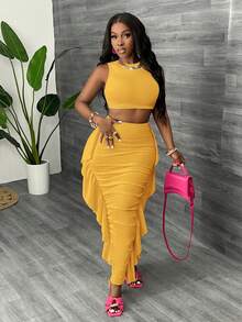 Slaydiva Mustard Yellow Summer Seksi Chic Party Night Women's 2-Piece Set,Round Neck Sleeveless Backless Crop Top & Ruffle Hem Long Skirt Solid Color Knit - Yellow - View 4