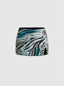 ROMWE Y2K Minifalda de cintura baja con abertura alta, estampado de cebra con lentejuelas, para mujer, adecuada para festivales de música, vacaciones de verano, discotecas, fiestas rave y otras ocasiones - Multicolor - Ver 1