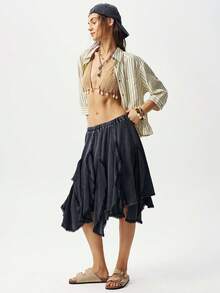 Bohemela 女士休闲纯色不对称下摆针织裙 - 黑色 - 查看 5