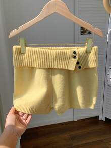 Comfortcana Women's Low-Rise Knit Shorts With Button Details And Rolled-Up Cuffs, Suitable For Spring And Summer. - Pale Yellow - View 4