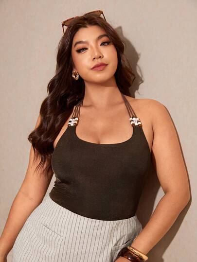 Elaquor Plus Size Beaded Camisole And Tank Top, Backless Camisole Shirt, Brown Fitted Blouse, Stretchy Sleeveless Top, Sexy Resort Wear, Beach Party Camisole, Backless Design