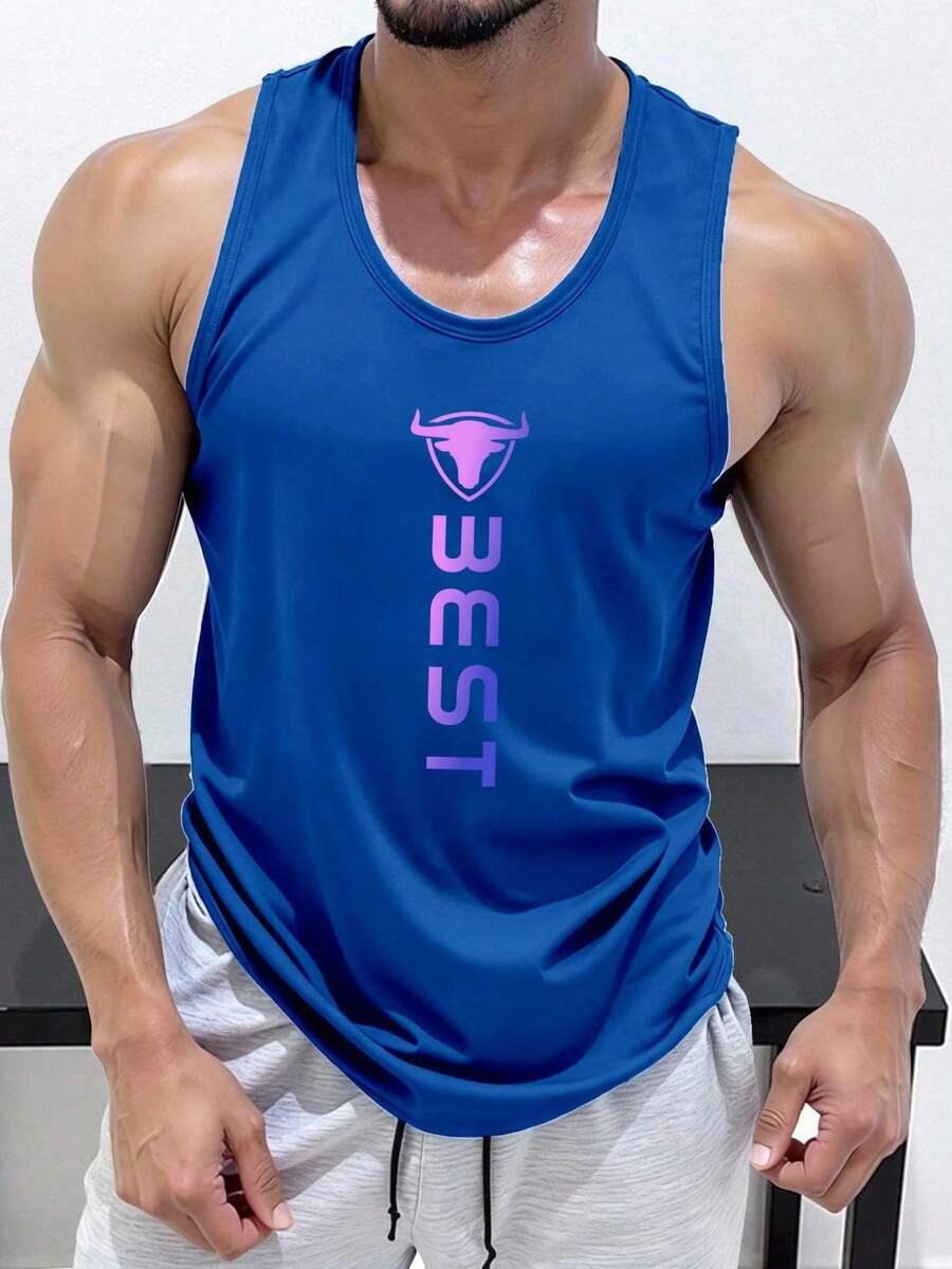 GymBeat 男士字母印花休闲健身运动背心 - 藍色 - 查看 1