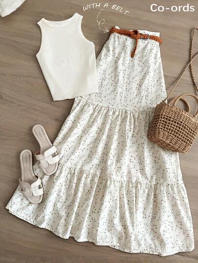 Franclia Set de 2 piezas: Top de tirantes de unicolor y falda con estampado floral ditsy para vacaciones