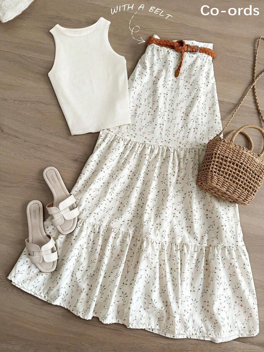Franclia Bộ 2 món đồ đi nghỉ mát, gồm áo tank top màu trơn và chân váy hoa nhí. - trắng - Xem 1