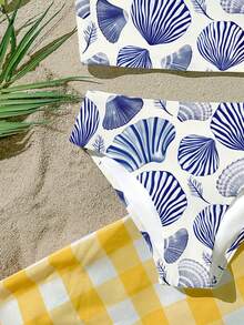 少女贝壳印花比基尼和三角裤休闲简约套装，适合夏季度假和海滩穿着 - 彩色 - 查看 5