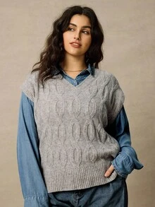 Juhart 大码女式扭绳V领休闲百搭针织背心，秋冬 - 卡其色 - 查看 3