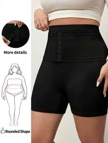 Enliva Plus Size Women High Elasticity Solid Color Tummy Control Slim Fit Shorts, For Apple And Rounded Body Shape - Black - View 1