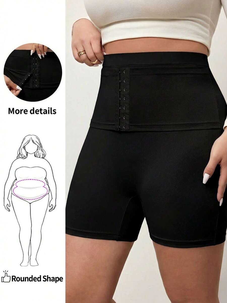 Enliva Plus Size Women High Elasticity Solid Color Tummy Control Slim Fit Shorts, For Apple And Rounded Body Shape - Black - View 1