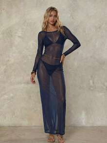 Swim Glamine Capa Praia Sexy Transparente com Decoração de Lantejoulas e Costas Abertas para Mulheres - Azul Marinho - Visão 5