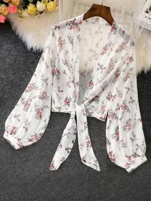 Franclia Chaqueta ligera con mangas farol y estampado floral, con cintura anudada, para primavera/verano. Blusa con nudo delantero de gasa, blusas de gasa con mangas farol, blusas de verano para mujer, blusas con estampado floral para mujer - Multicolor - Ver 3