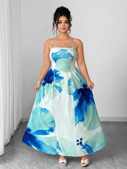 Elenzga Plus Size Women's Elegant Floral Print Sleeveless Tie Waist A-Line Dress, Suitable For Spring/Summer Vacation