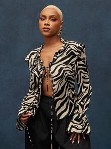 Vixey Zebra Print Sheer Chiffon Self Tie Bell Sleeve Shirt, Resort Wear, Vacation Top, Beach To Dinner, Day To Night - Multicolor - View 2