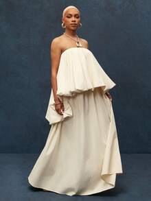 Textured Woven Strapless Bubble Hi Low Hem Top With Pockets - Apricot - View 5