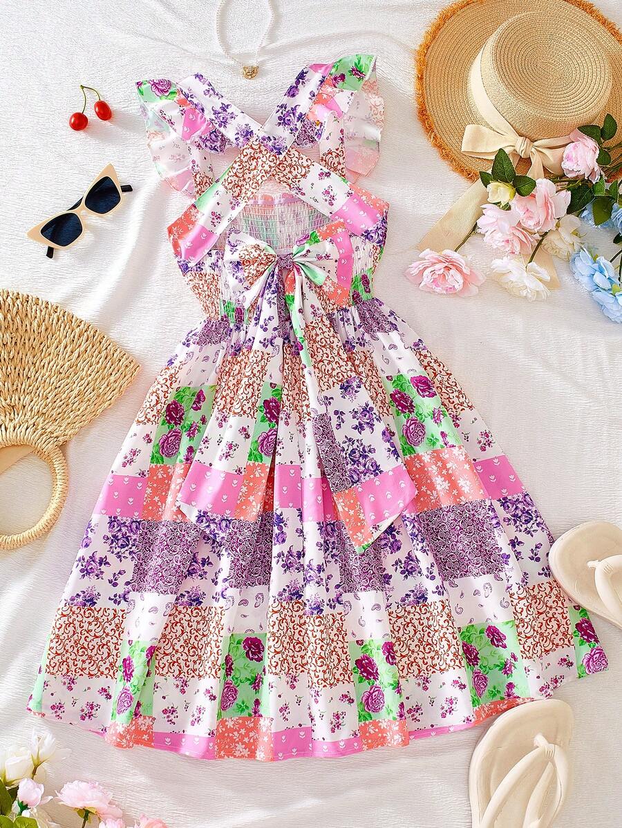 Đầm midi dáng chữ A kiểu công chúa ngọt ngào cho bé gái tuổi teen, phối màu tương phản, họa tiết hoa, nơ trang trí, dây đeo vai chéo, viền bèo nhún, thích hợp mặc hàng ngày, đi chơi và dự tiệc mùa hè. - Nhiều màu - Xem 1