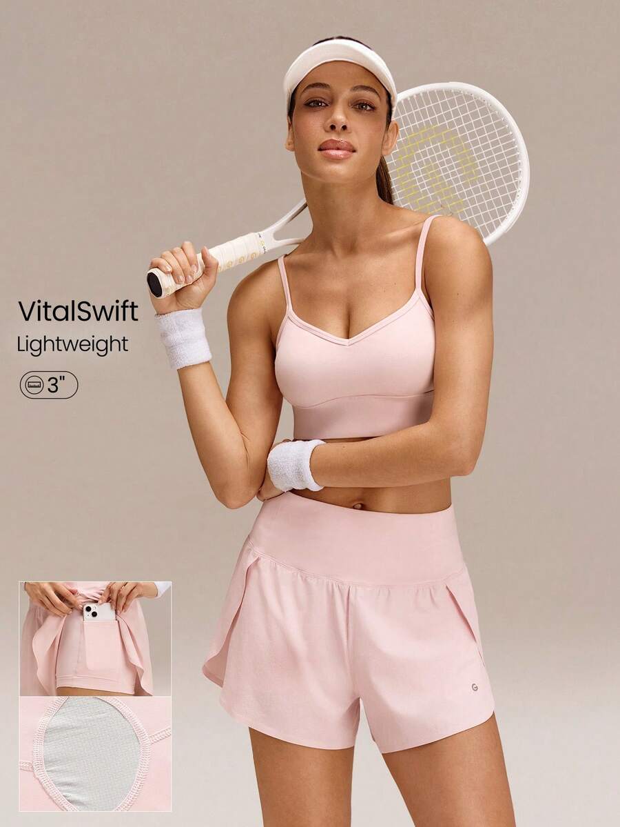 GLOWMODE 3'' VitalSwift Quick-Dry Set The Pace High Slit Adjustable Drawstring Waist Shorts With Built-In Shorts Side Pockets Non-Slip Grips Medium Impact Running Jogging Training Gym Workout - Pink - View 1