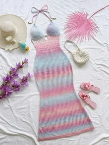 Soleia Women's Vacation Casual Backless Halter Knit Dress Crochet Maxi Dress Summer Maxi Dress Beach Maxi Dress Crochet Dress Vacation Dress In Fall/Winter - Multicolor - View 3