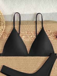 Swim Basics Solid Color Sexy Bikini Swimsuit For Beach Vacation - Black - View 3