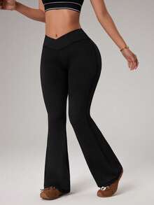 Seamluxe SHEIN Sport 女士休闲百搭纯色喇叭运动裤 - 黑色 - 查看 3