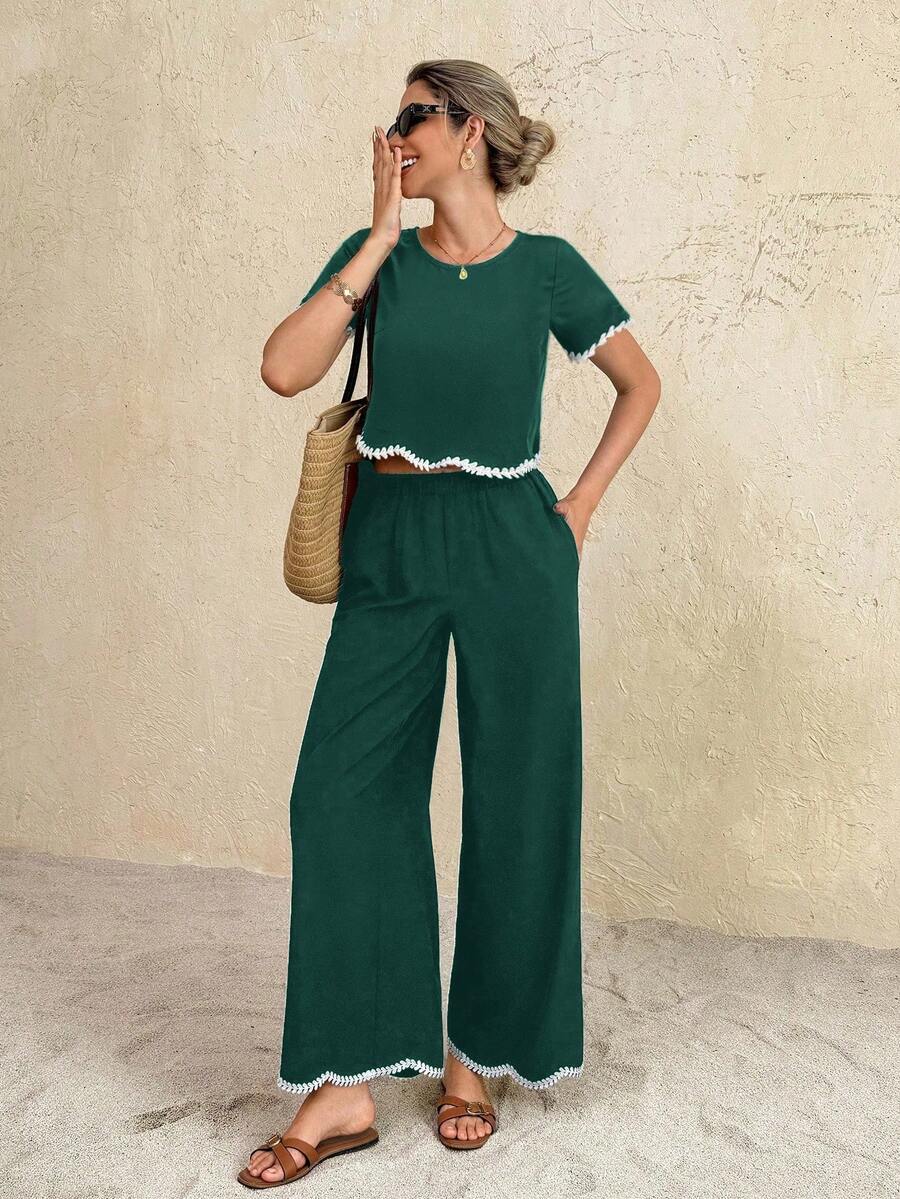 SHEIN Frenchy Women's Round Neck Short Sleeve Shirt And Pants Casual 2 Pieces Set - Dark Green - View 1