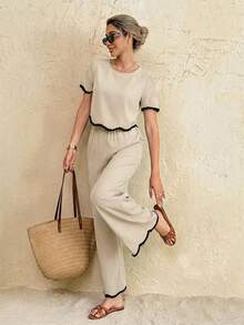 SHEIN Frenchy Bộ đồ 2 món dành cho nữ, kiểu dáng thường ngày, phối áo và quần, thích hợp cho kỳ nghỉ. - Màu be - Xem 4