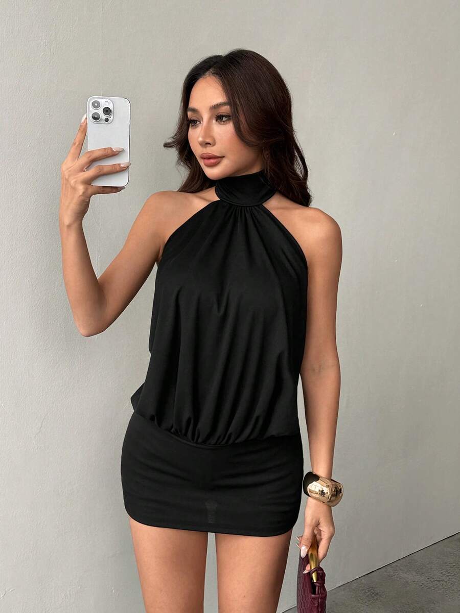 SHEIN PETITE Elegant Sleeveless Black Mini Dress With Ruched Detail And Cold Shoulder Style Halter Neck Dress Black Dress Halter Top Black Halter Dress,Black Dresses Classy Elegant ,Party Dress - Black - View 1