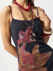 Bohemela Boho Spring/Summer Outfits, Vintage Women's Vacation Beach Bohemia Washed Floral Graphic, Lily Print  Fitted Fashionable Spaghetti Strap Mini Dress, With Beaded Front Detail, Casual Vacation, Western Country Style Concert Party Outfits, Suitable For Beach Vacation Outfit & Daily Wear & Back To School & Going Out Outfits & Party Outfits, 2000s Outfits, Y2k Clothes, Summer Holiday Outfits - Black - View 2