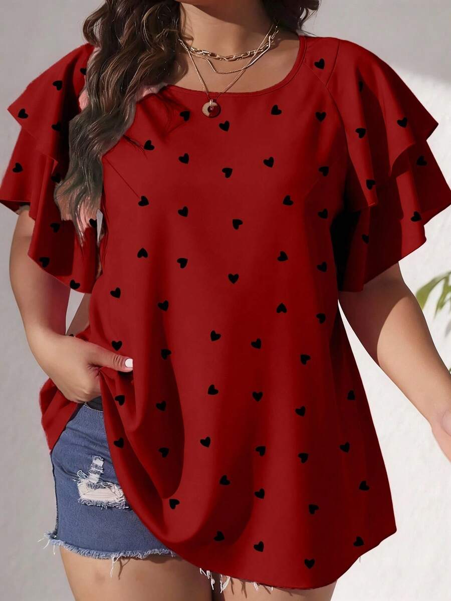 EMERY ROSE 大码女士浪漫爱心印花荷叶袖宽松休闲衬衫,适合日常穿着、度假、派对、节日,粉色女士上衣,女士度假装扮,女士优雅衬衫,女士高级上衣,女士休闲上衣,女士最新款上衣,女士夏季上衣,女士衬衫,T恤,工作衬衫,运动上衣,女士上衣和衬衫,女士精品上衣,女士衬衫 - 紅色 - 查看 1