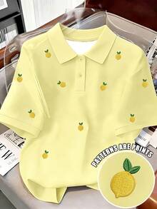 Resyla Áo thun nữ kiểu Pháp in hình chanh, họa tiết hoa chanh thêu giả, cổ tròn, in kỹ thuật số toàn thân. - Nhiều màu - Xem 1