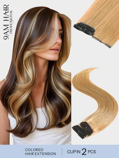 Colored Clip In Hair Extensions 100% Real Human Hair Color 27# 2Pcs With 4 Clips Straight Highlight Colorful Hairpieces Rainbow Hair Extension For All Hair Types & Fashion Lovers