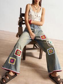 Bohemela Quần ống rộng dáng suông phong cách Boho mùa Đông/Xuân dành cho nữ, kiểu dáng vintage thường ngày, thời trang đường phố, phong cách nghỉ mát Boho, chất liệu móc len phối nhiều mảnh, kiểu miền Tây hoang dã, thích hợp cho các buổi hòa nhạc, tiệc tùng, đi biển, mặc hàng ngày, đi học, đi chơi, năm mới, Lễ tình nhân, kỳ nghỉ hè những năm 2000/Y2K, đi biển. - Màu xanh lam - Xem 5