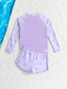 SHEIN Young Girls 2-Piece Tankinis Swimwear,Purple Bow Floral Print Long Sleeve Rash Guard Top With Ruffled Shorts,Cute Summer Beach Holiday Bathing Suits - Purple - View 2