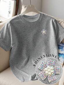 Resyla Women's Casual Rhinestone Embellished Regular Shoulder T-Shirt, Summer - Grey - View 1