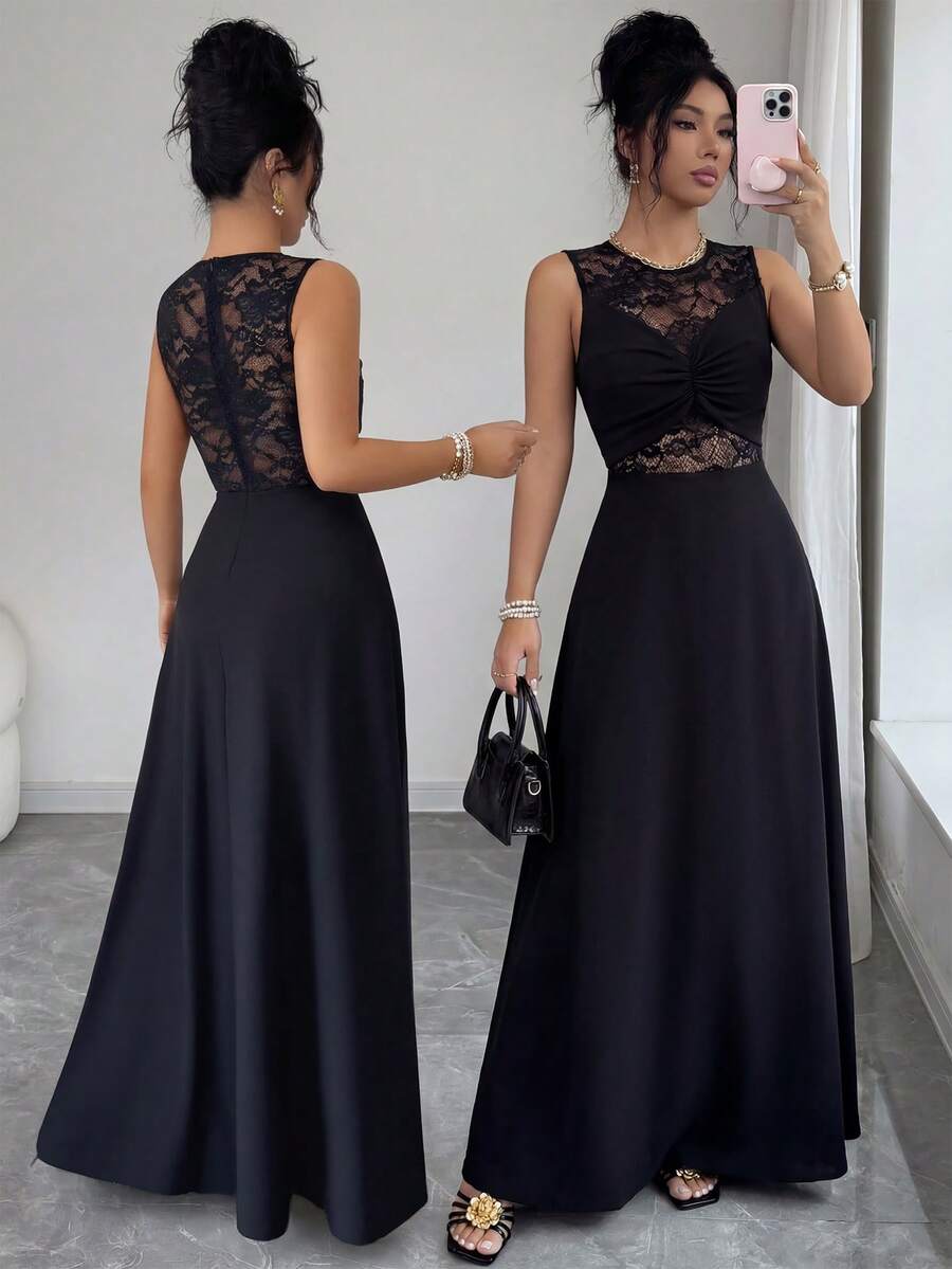 Elenzga Đầm ren cổ tròn, eo xoắn, thanh lịch, lãng mạn, gợi cảm dành cho nữ, thích hợp dự tiệc. - màu đen - Xem 1