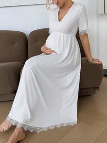 SHEIN Maternity Casual V-Neck Lace Patchwork Dress - White - View 4