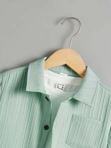 SHEIN Tween Boy Solid Color Short Sleeve Casual Front Button Placket Woven Shirt - Mint Green - View 3