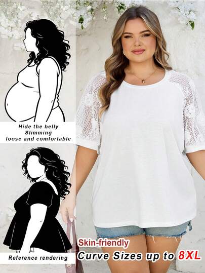 SHEIN CURVE+ Curve Size US22Music Festival, Seaside Vacation, Bohemia Women's Top, Spliced With Different Materials, White T-Shirt, Three-Dimensional Flower Fabric T-Shirt, Summer Tops