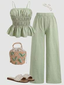 Girlism Teen Girls Mint Green Chiffon Camisole & Wide Leg Pants 2 Pieces Vacation Casual Outfit Woven Texture Green Outfit Linen Two Piece Set Spring 2 Piece Sets Summer Matching Set Summer Pants Sets - Green - View 1