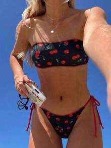Swim Mod Women's Summer Swimsuit, Black Base With Red Cherry Print, Tie-Front Bikini, Solid Black Lining, Adjustable Red Straps, Retro Sweet Girl Vacation Swimwear - Multicolor - View 1