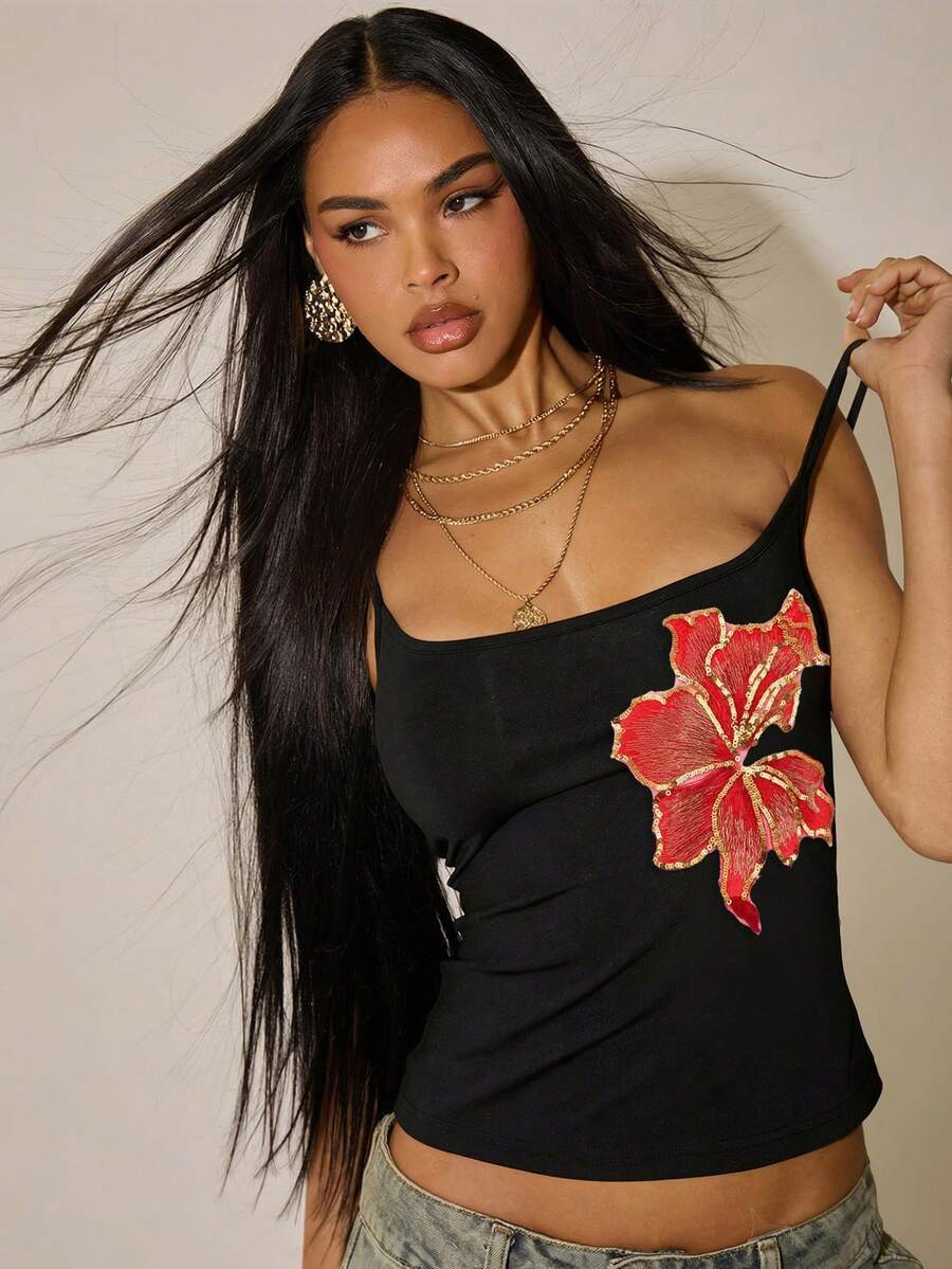 SHEIN BAE 休闲简约度假波西米亚风优雅复古3D刺绣串珠花卉红金背心，适合音乐节、海滩装扮、夏季度假，性感修身吊带衫，女士 - 黑色 - 查看 1