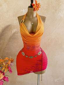 Soleia Đầm ngắn không tay cổ xếp ly ombre dành cho nữ, trang phục đi nghỉ mát thời trang. - Nhiều màu - Xem 5