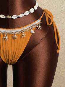 Zestiva Women's 2-Piece Wave Striped Shell Tape Tie Front Halter Bikini Set, Summer - Orange - View 5