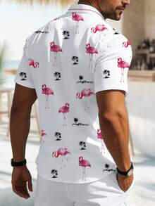 Manfinity Homme 男士夏威夷火烈鸟印花衬衫，休闲夏季度假衬衫，百搭适合所有人，男士休闲衬衫，送给男友、丈夫、家人的绝佳礼物，适合日常海滩穿着 - 彩色 - 查看 2