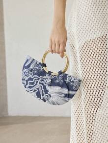 MOTF PREMIUM BOLSO DE MANO PARA MUJER, BOLSO DE TOTE SEMI-REDONDO CON BORDADO DELICADO - Azul Marino - Ver 8
