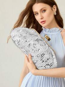 MOTF PREMIUM FASHION PLEATED SEQUINED CLIP CLUTCH BAG, EXQUISITE PARTY PARTY DINNER BAG - Silver - View 6