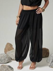 Hauture Women's Sexy Vacation Pleated Chiffon Balloon Hem Long Pants - Black - View 2