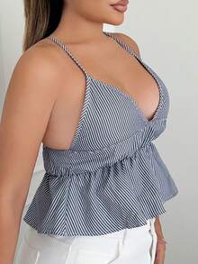 Maria Perezxox 女式条纹褶饰腰部荷叶边下摆性感时尚吊带背心 - 霧霾藍 - 查看 6